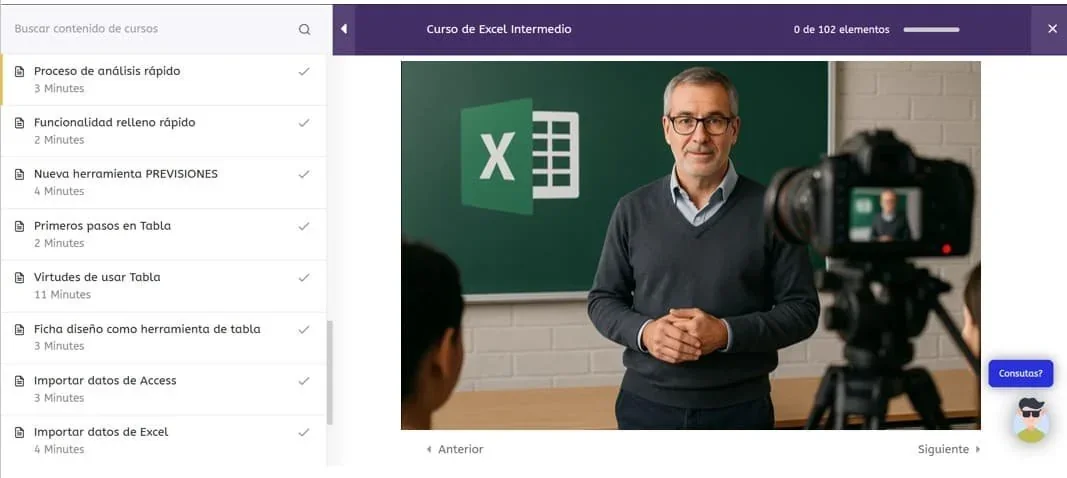 Lección en video dentro de la plataforma de aprendizaje de ExcelFull