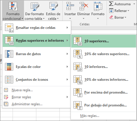 REGLA DE LOS 10 SUPERIORES CON FORMATO CONDICIONAL