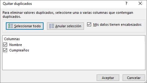 ELIMINAR VALORES DUPLICADOS