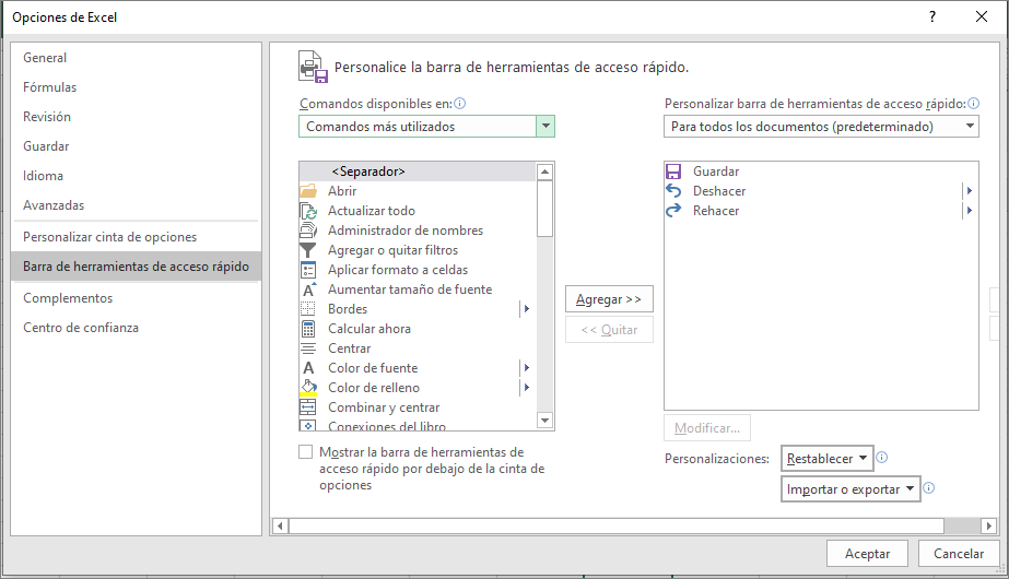 PERSONALIZAR LA BARRA DE ACCESO RÁPIDO EN EXCEL