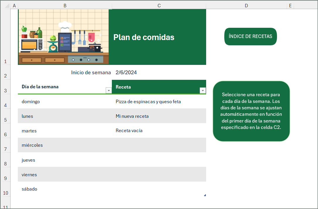 PLAN DE COMIDAS SEMANAL EN EXCEL