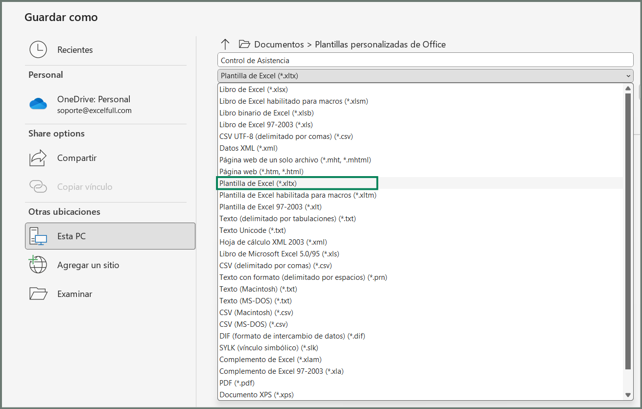 guardar un libro de Excel como plantilla