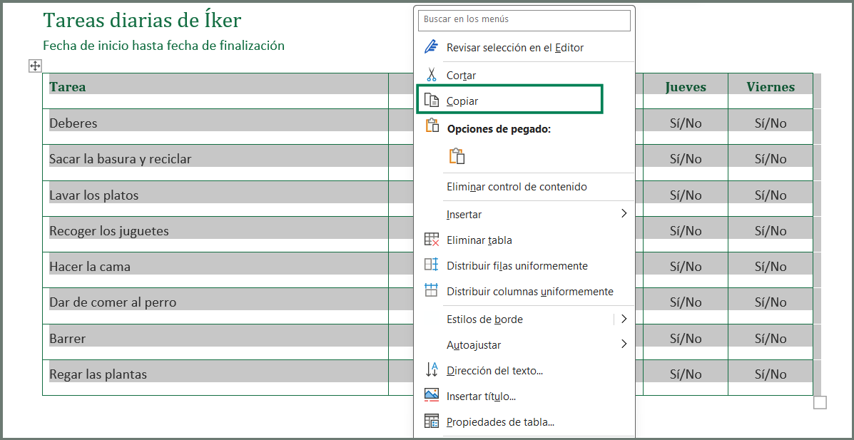 copiar una tabla de Word en Excel