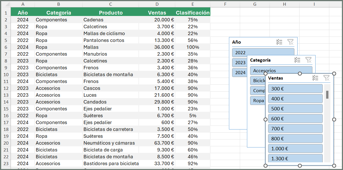 segmentación de datos en Excel, filtrar