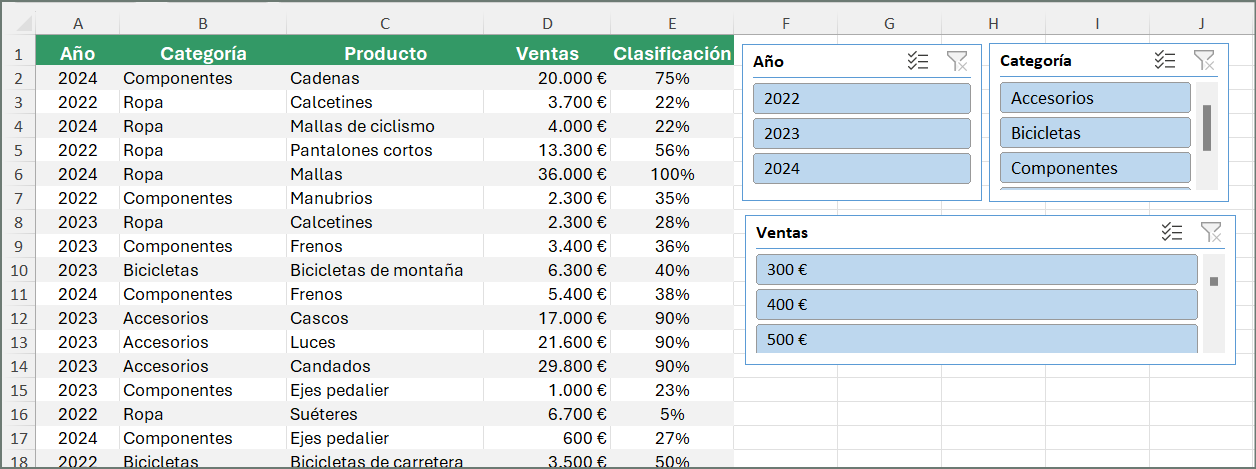 segmentación de datos en Excel, filtrar