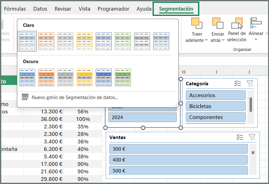 segmentación de datos en Excel, filtrar