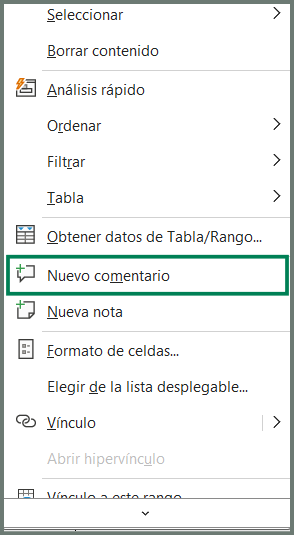 comentarios y notas en Excel, colaboración