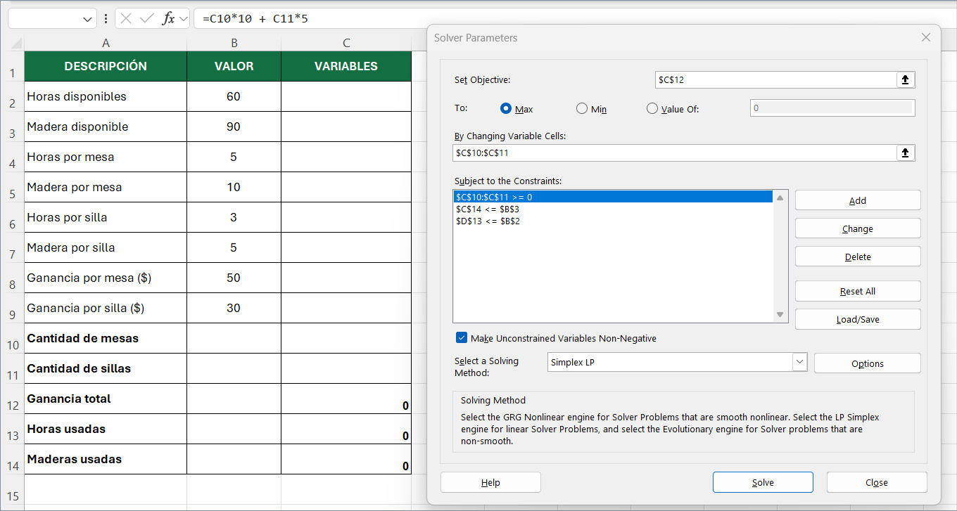 solver en Excel