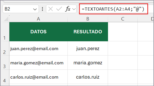 función TEXTOANTES