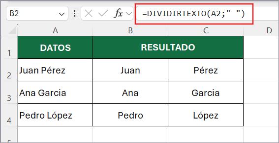 función DIVIDIRTEXTO en Excel