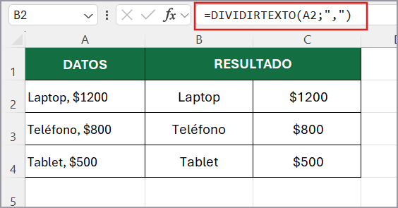 función DIVIDIRTEXTO en Excel