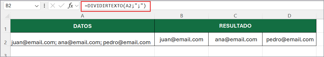 función DIVIDIRTEXTO en Excel