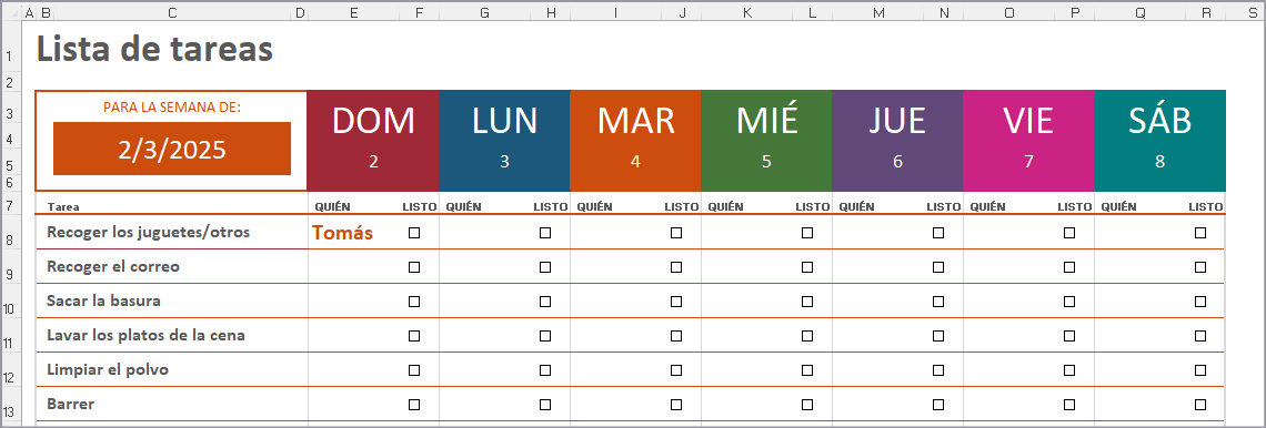 lista de tareas semanales en Excel
