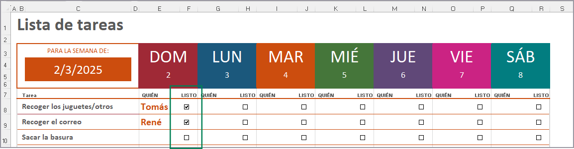lista de tareas semanales en Excel