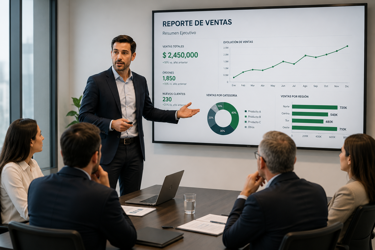 Profesional presentando un reporte de ventas creado con herramientas de Microsoft Office