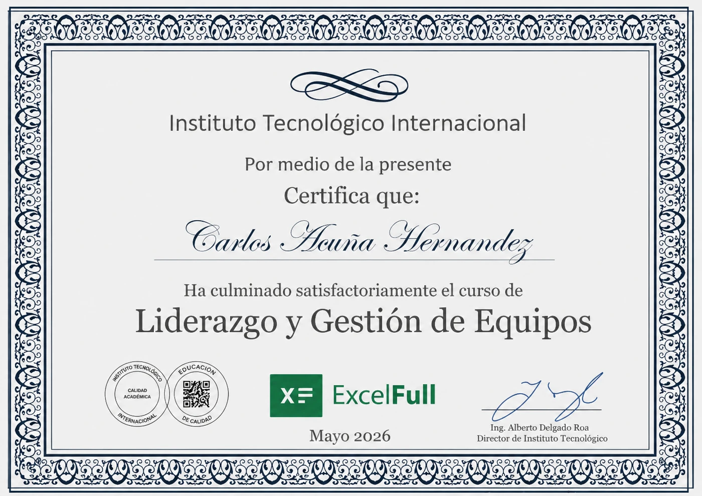 Certificado del curso Liderazgo y Gestión de Equipos de ExcelFull