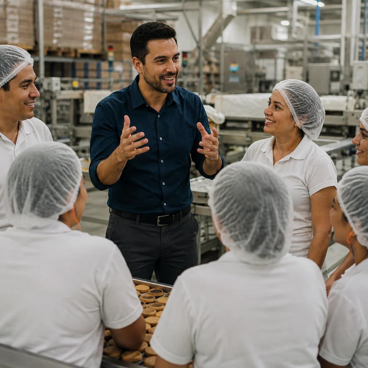 Líder conversando con su equipo en una planta de producción