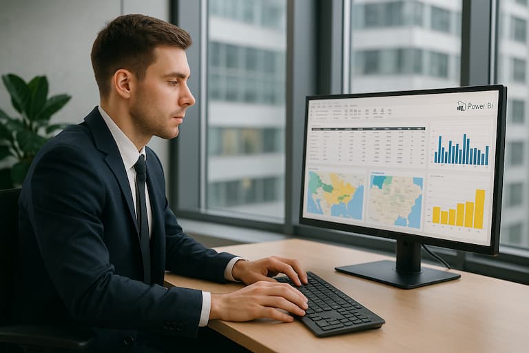 Ejecutivo analizando datos y gráficos en una pantalla