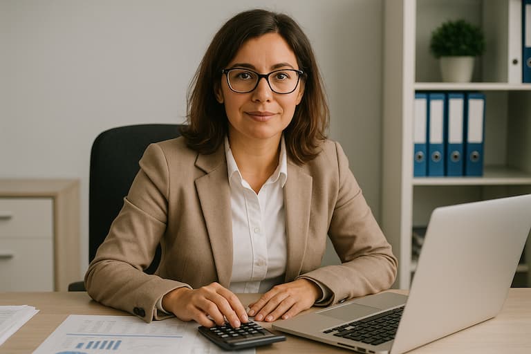 Contadora trabajando con finanzas en su oficina