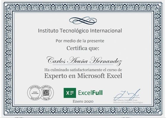 Certificado de finalización de un curso de Excelfull